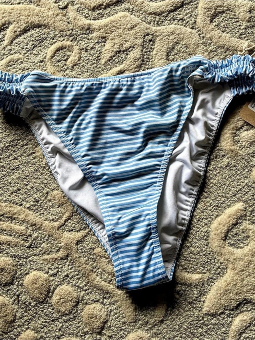 Albion Showgirl Bikini Bottoms Striped Bikini Bottoms in Blue & White, BRAND NEW